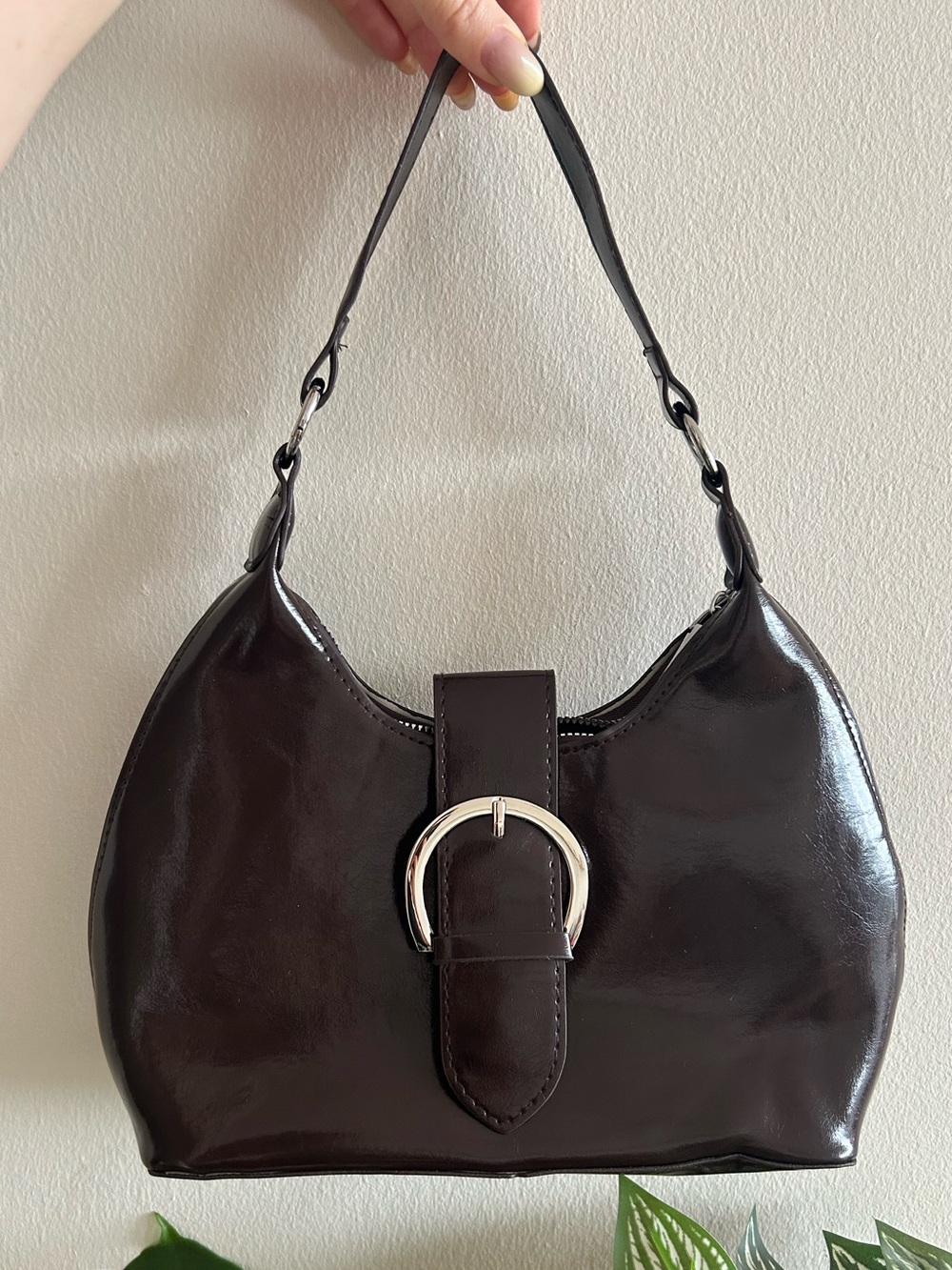 Classic Dark Brown Vegan Leather Shoulder Bag with Silver Buckle